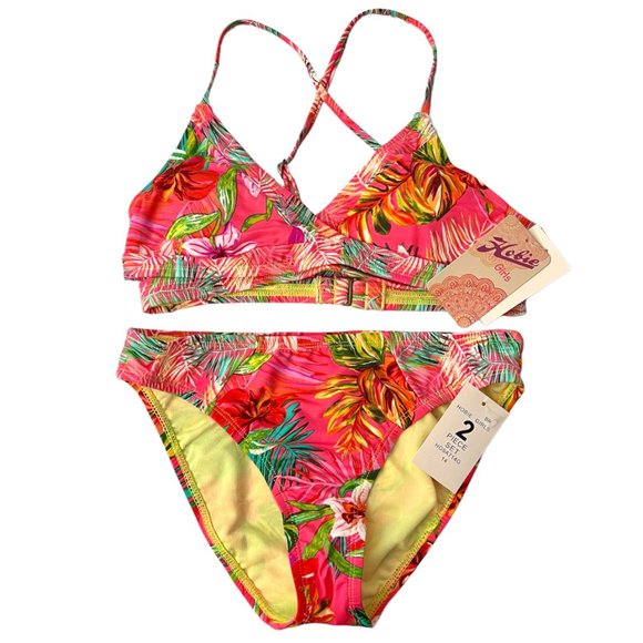 HOBIE KIDS GIRLS Red Pink Hawaiian All Over Floral Bikini Swim SET – GIRLS 14
